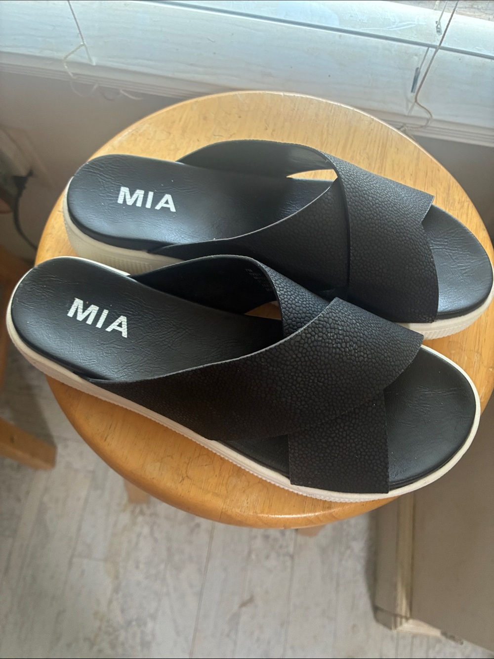 MIA Black Crisscross Slide Sandals with White Platform